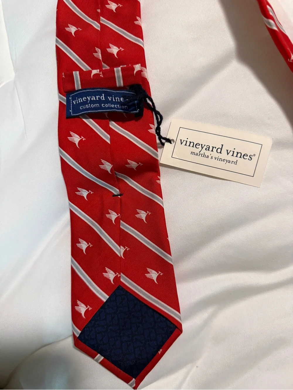 Vineyard Vines Red Striped Tie with White bird Motif
